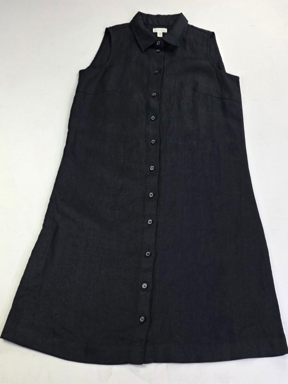 Garnet Hill Black Linen Women Sz 0 Full Button Up Sleeveless Spread Collar Dress